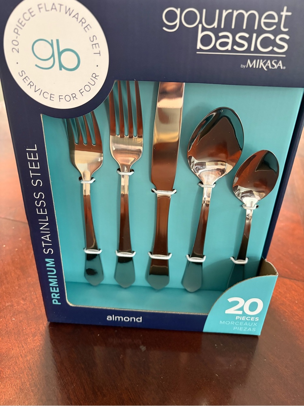 Mikasa Almond Stainless Steel 20-Piece Flatware Set with Teal Display